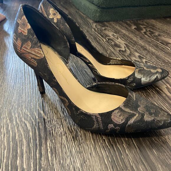 Jessica Simpson Livvy Pointed Toe Pumps Black Gold Foil Floral Print Size 8.5 - Picture 3 of 12